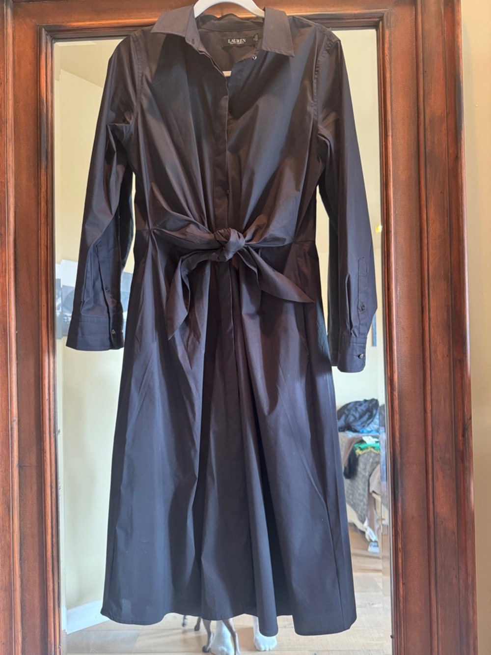 Ralph Lauren Long Sleeve Tie-Waist Shirt Dress in black 10 exc